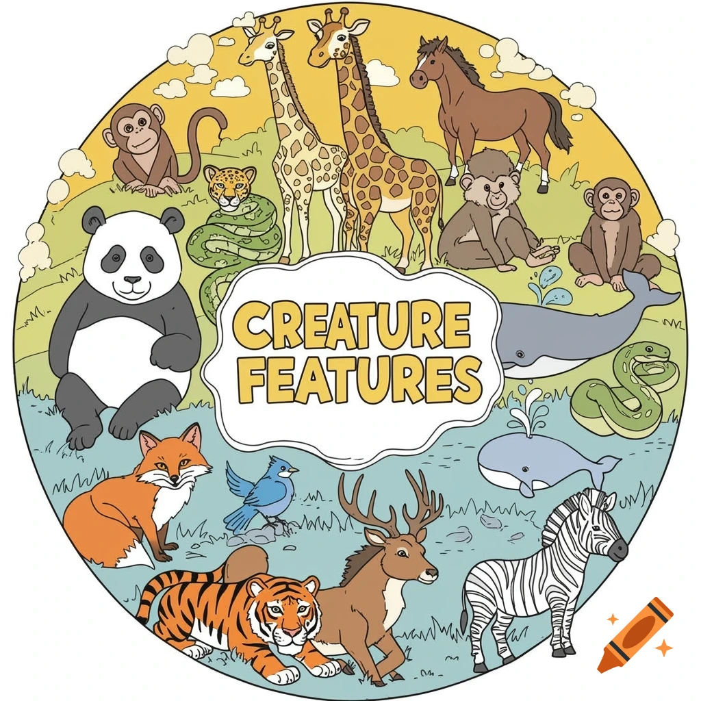Creature Features coloring page with panda, giraffe, horse, monkey, snake, jaguar, lion, whale, chimpanzee, fox, bluebird, deer, tiger, horse, and zebra