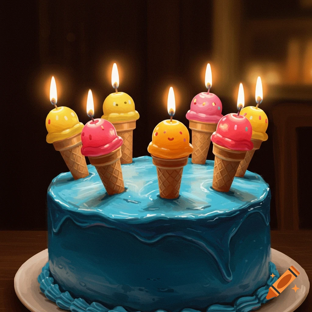 Blue birthday cake with ice cream cone candles