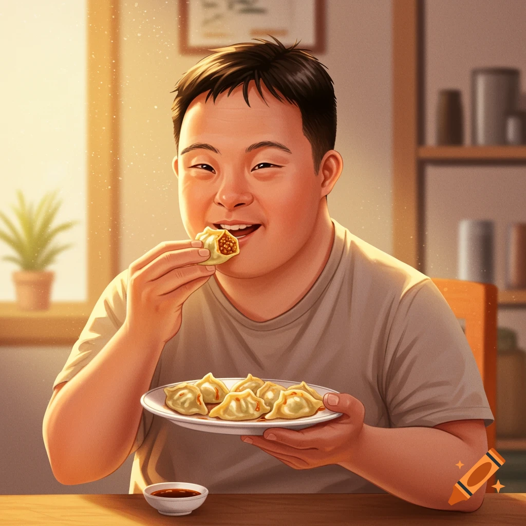 Asian individual with Down syndrome enjoying dumplings