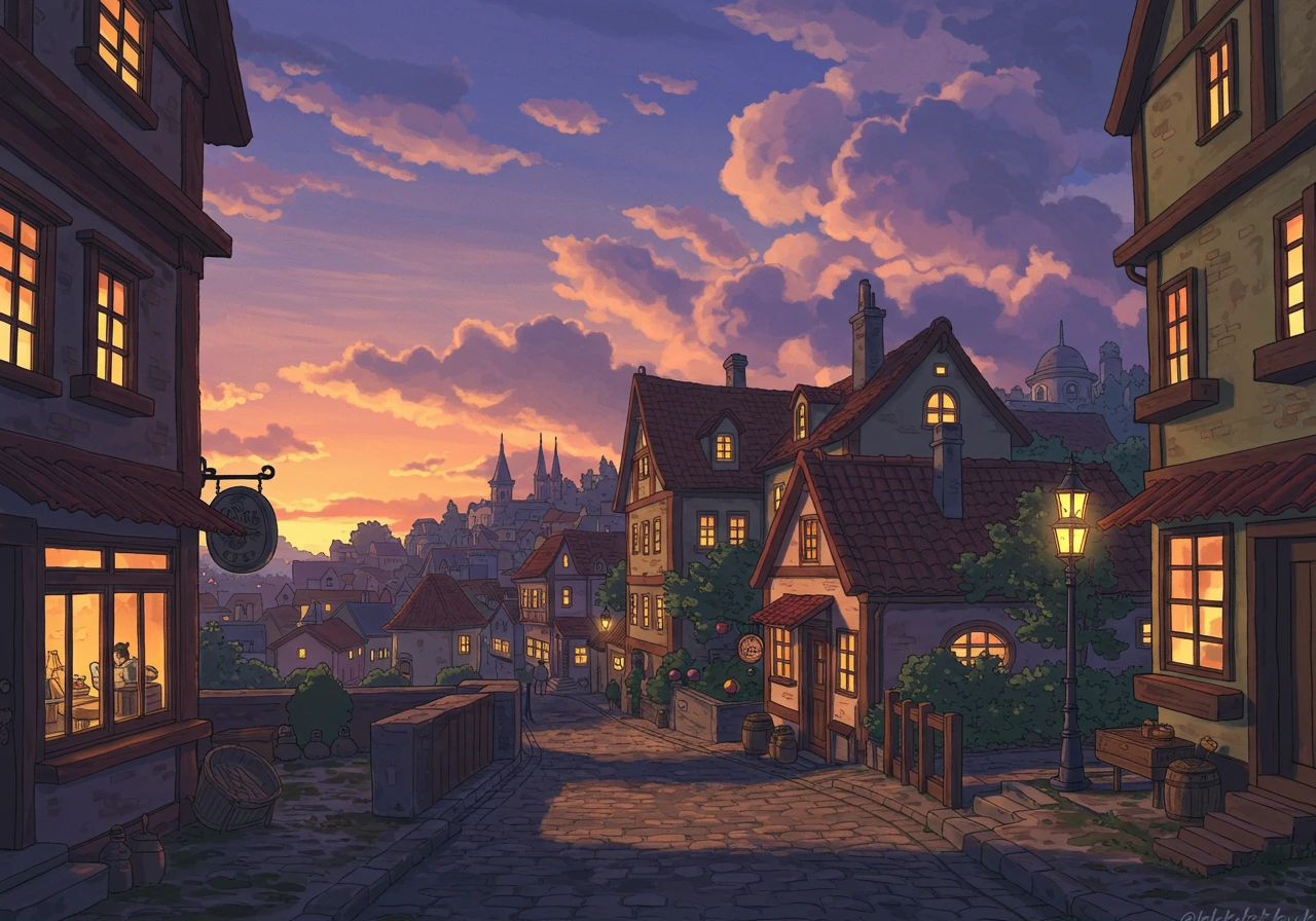Ghibli-style sunset in a town at night