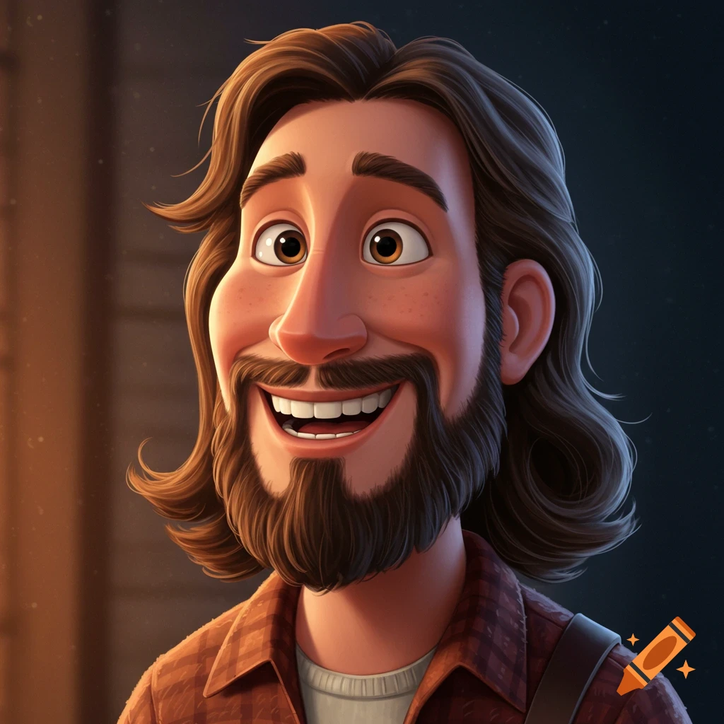 Man with long wavy ponytail and stubble, Pixar style