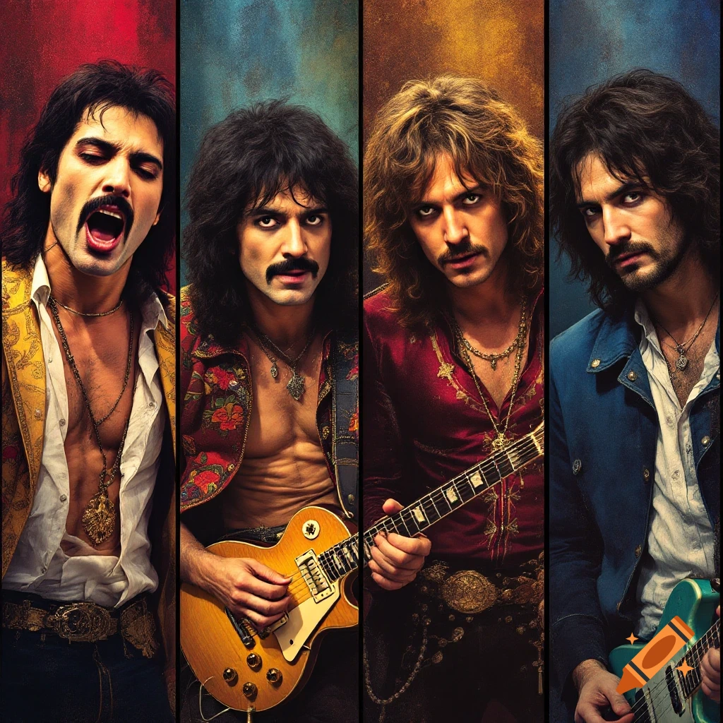 Freddie Mercury, John Bonham, Jimmy Page, and John Entwistle