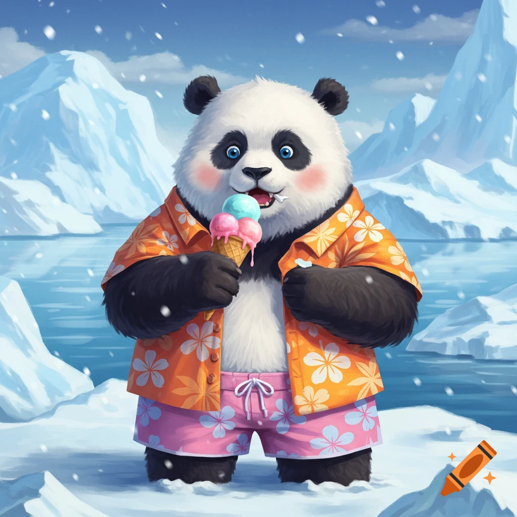 Cute panda in the Arctic wearing a Hawaiian shirt eating ice cream