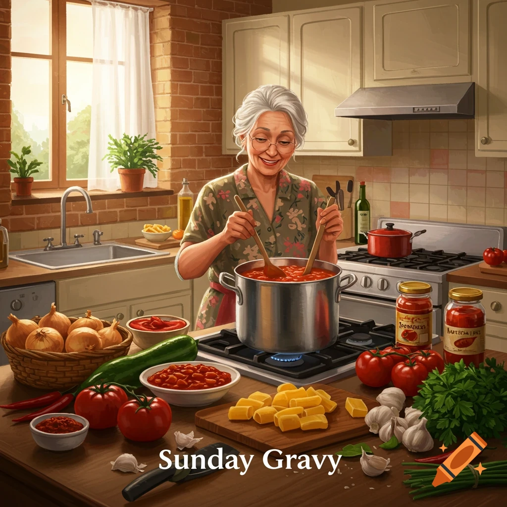Sunday Gravy being made in a kitchen