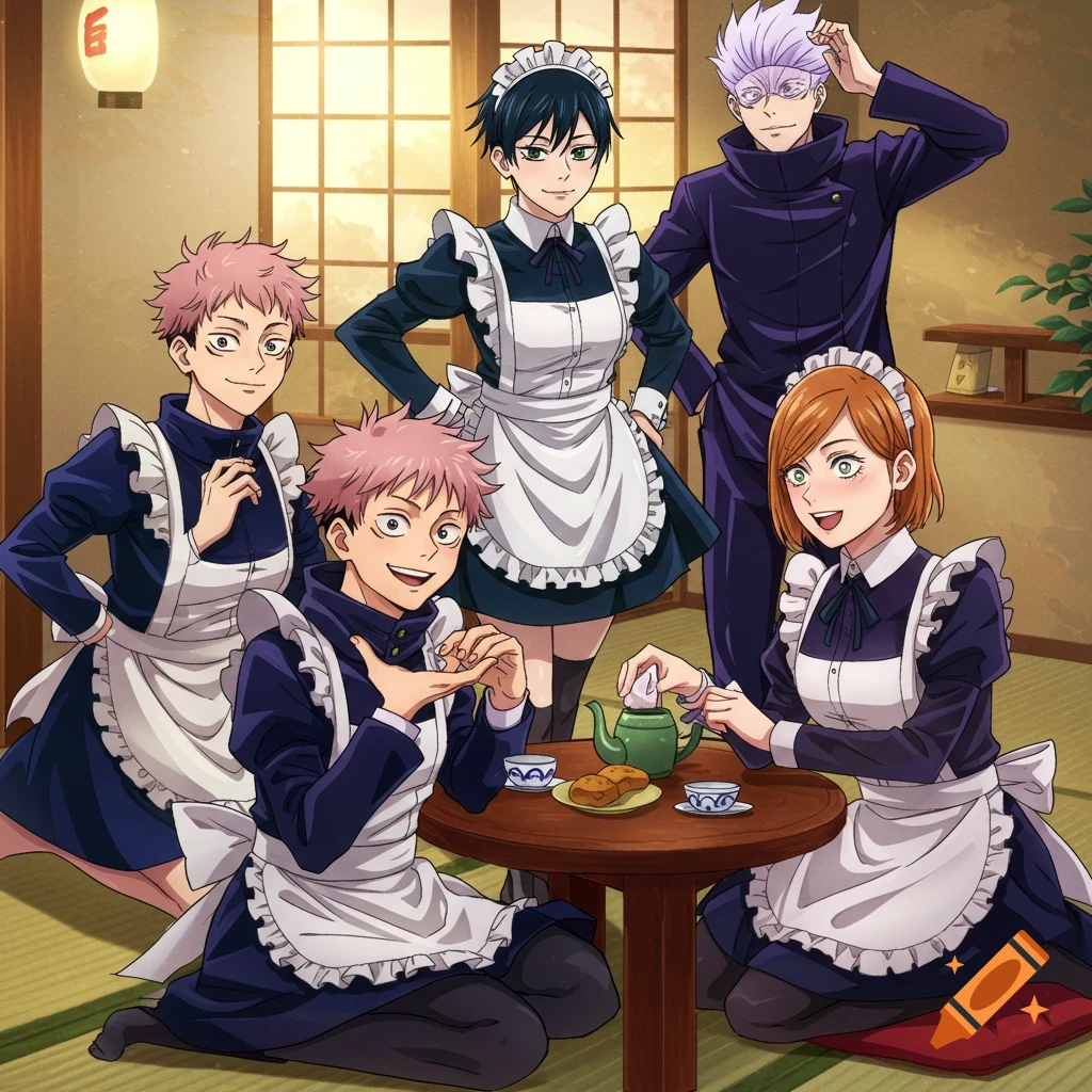 Jujutsu Kaisen characters in maid costumes anime illustration