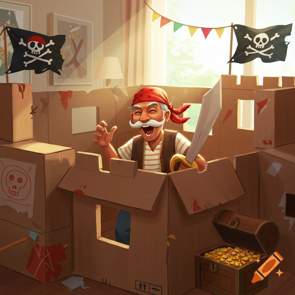 Old man in a cardboard pirate fort