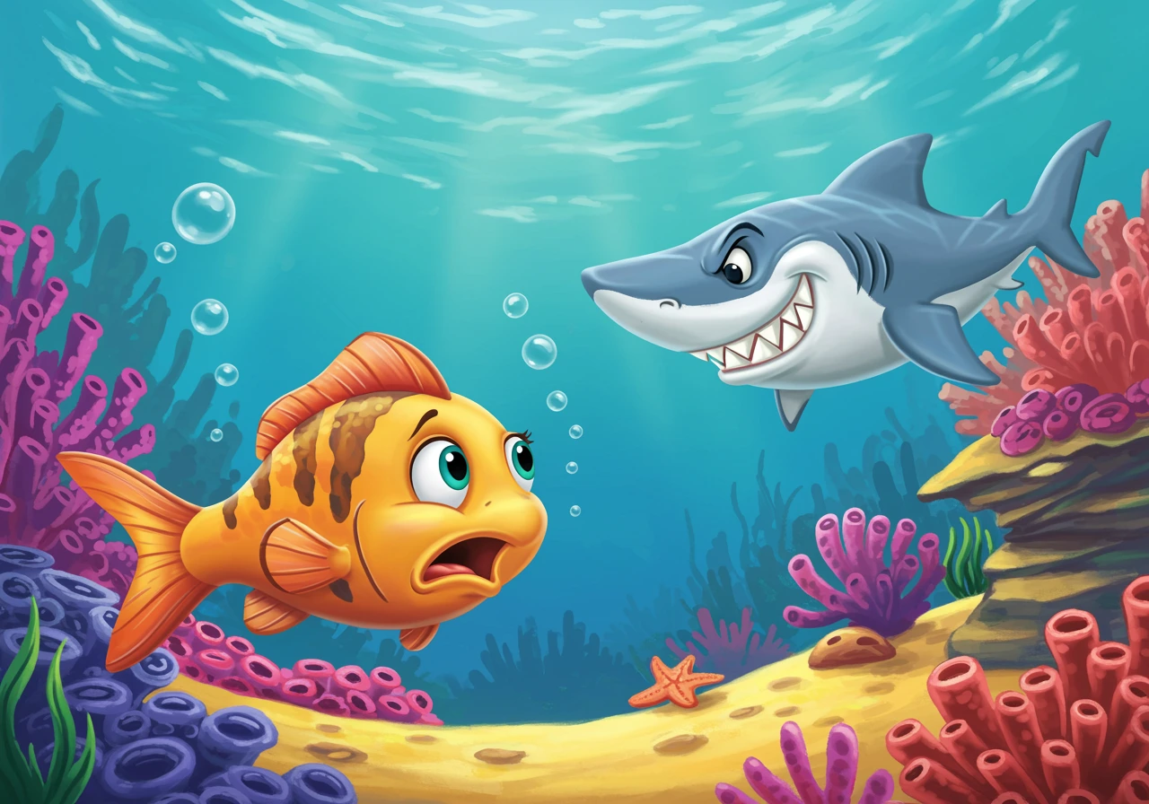 Fish running from shark, Disney style