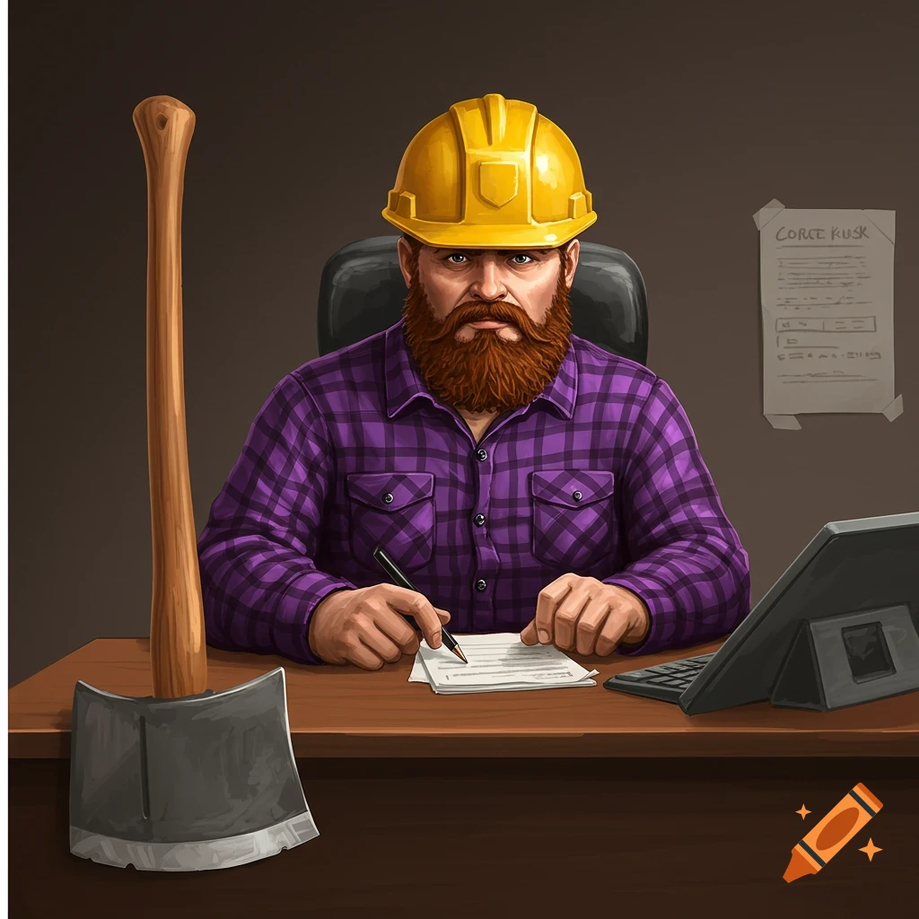 Logger secretary in purple flannel and construction helmet at desk with axe