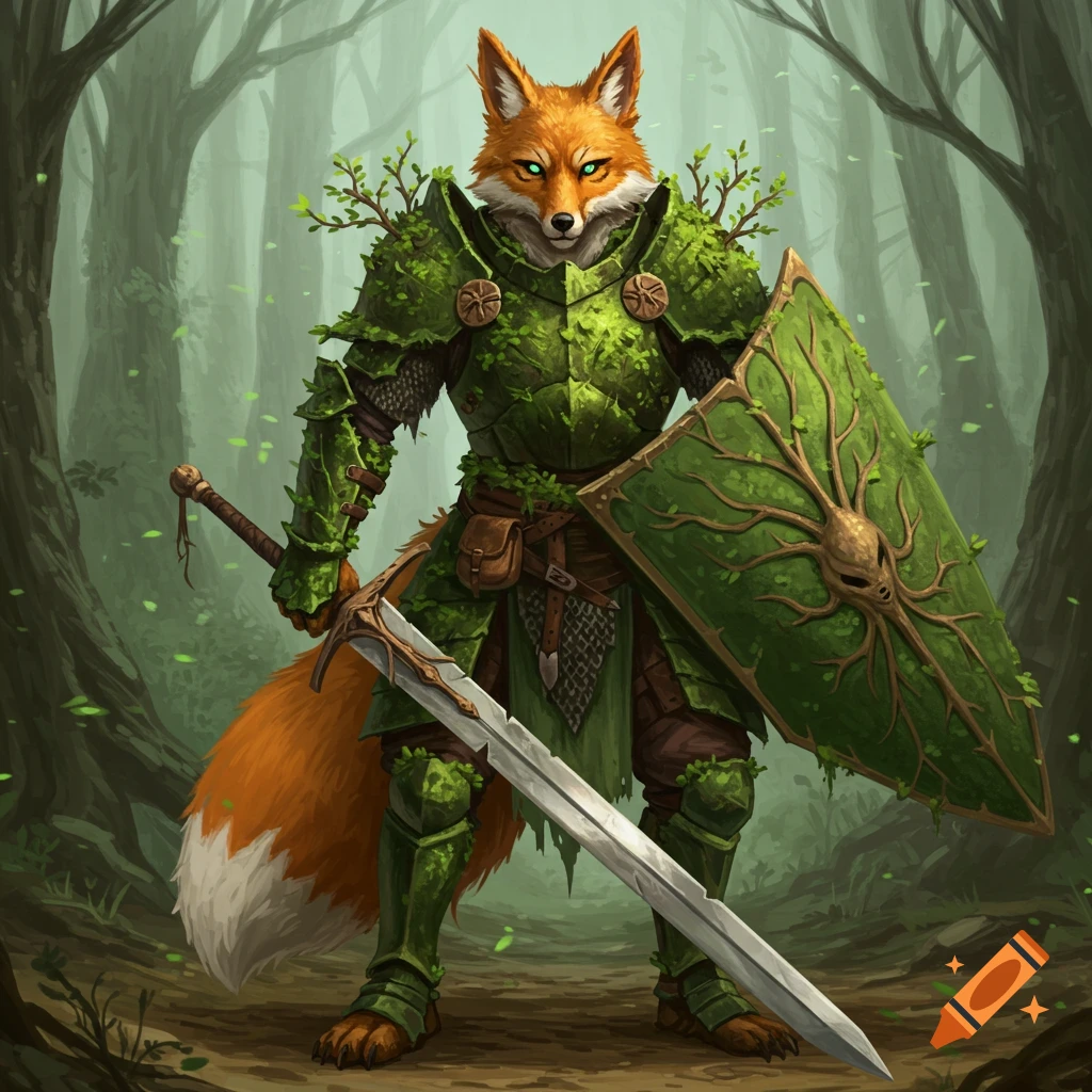 Kitsune paladin in mossy full plate armor with shield and sword