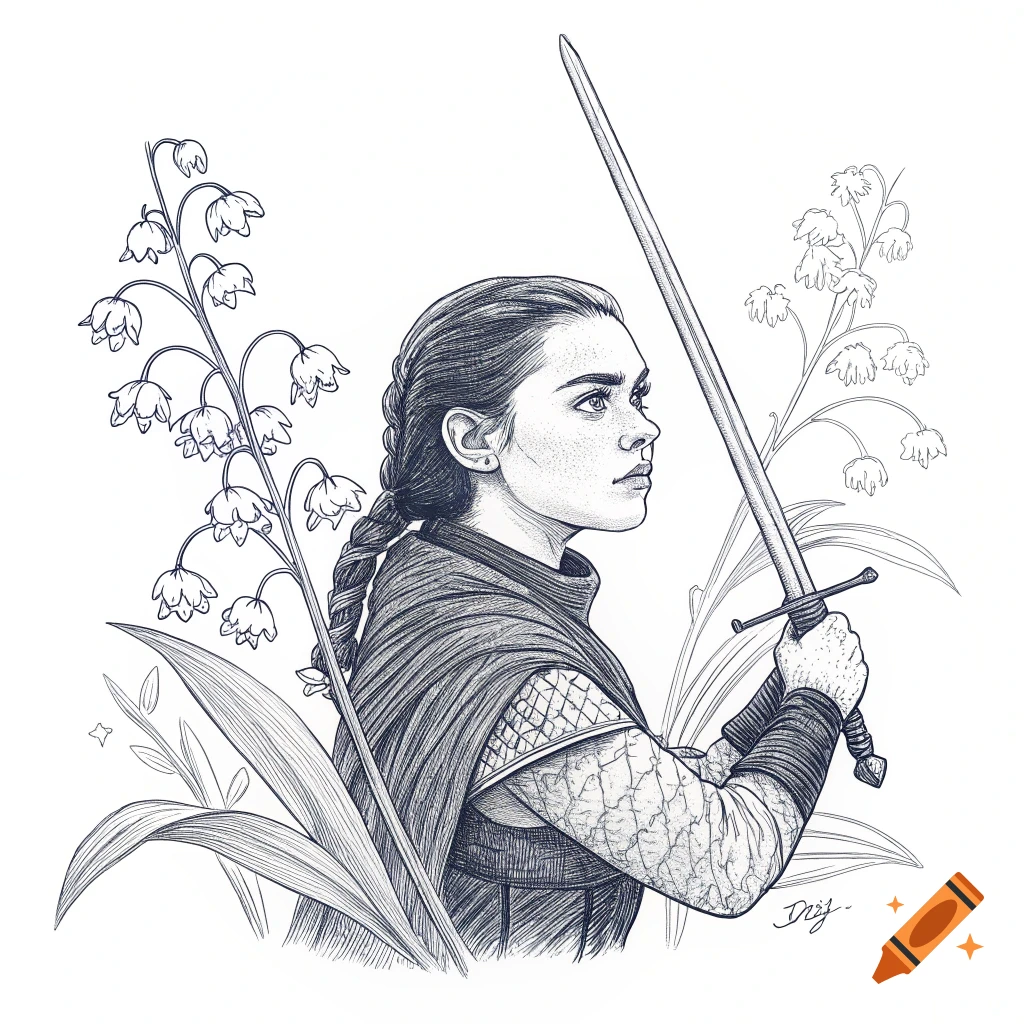 Lily of the valley around Arya Stark's Needle sword line drawing