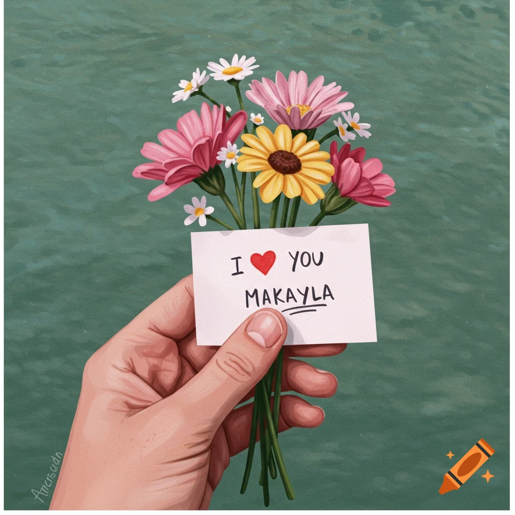 Hand holding a bouquet of flowers with a note saying I love you Makayla