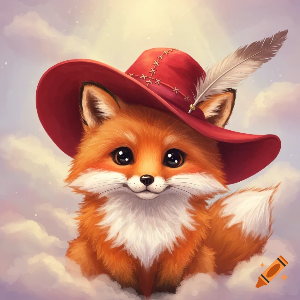 Cute fox wearing a red hat with a feather