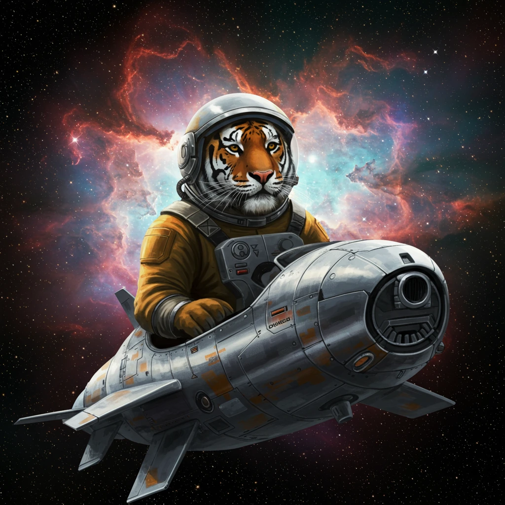 Tiger piloting a spaceship