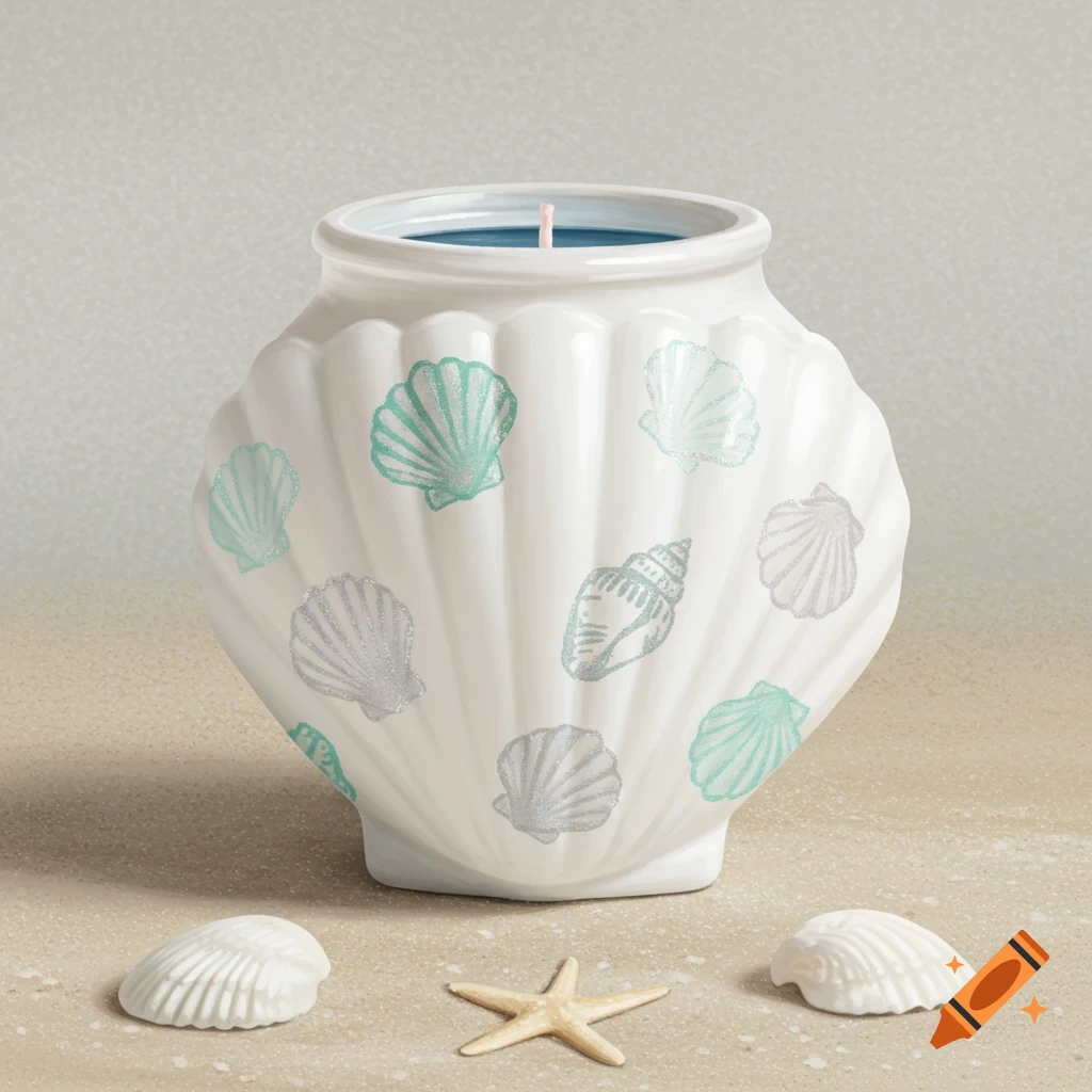 Seashell jar candle with blue soy wax and pearlescent seashell motifs
