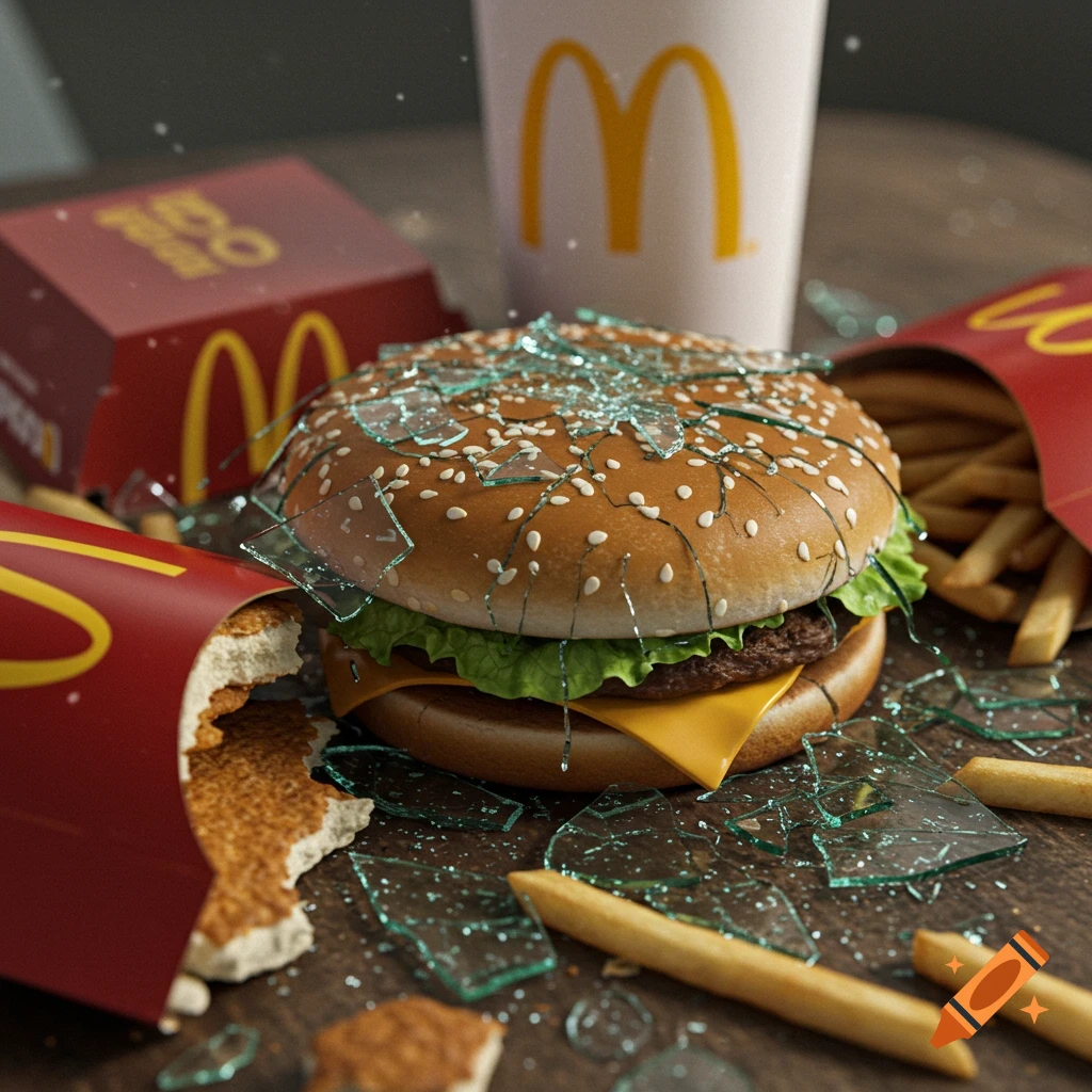 McDonald's order with broken glass all over it, photographed in realistic setting. Indicates potential safety hazard and contamination of food product due to broken glass, contrasting the intended quality and safety of a fast-food meal. McDonald's and glass shards are clearly visible in the image, depicting a visually jarring scene with identifiable brand elements involved in unsafe situation. This suggests a disruption in quality control or an unexpected incident impacting the presentation and ...