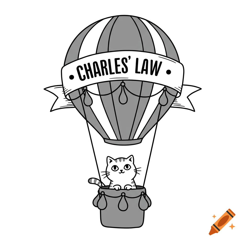 Cute cat with hot air balloon, vector art banner reads Charles' Law