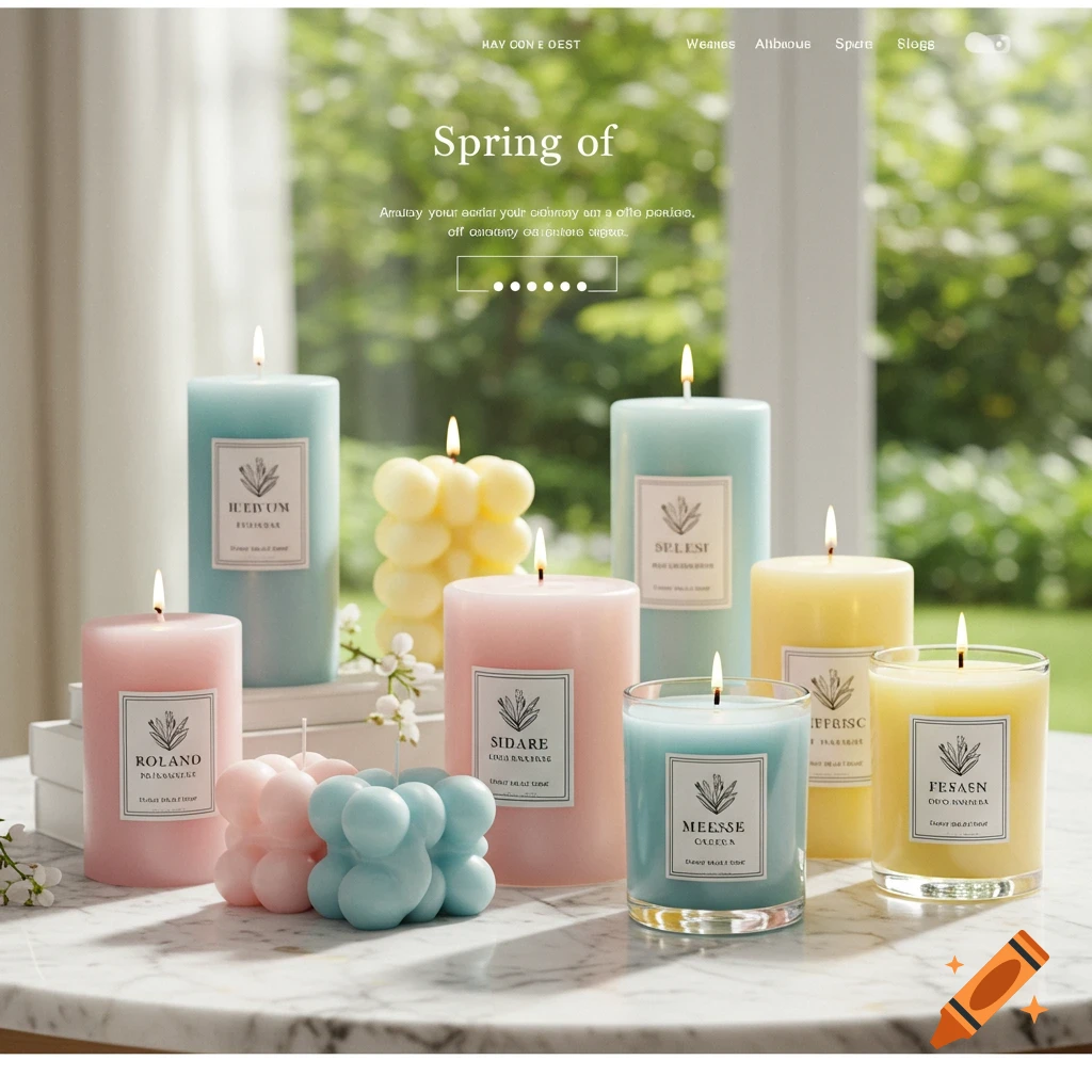 Photorealistic candle business homepage, spring theme