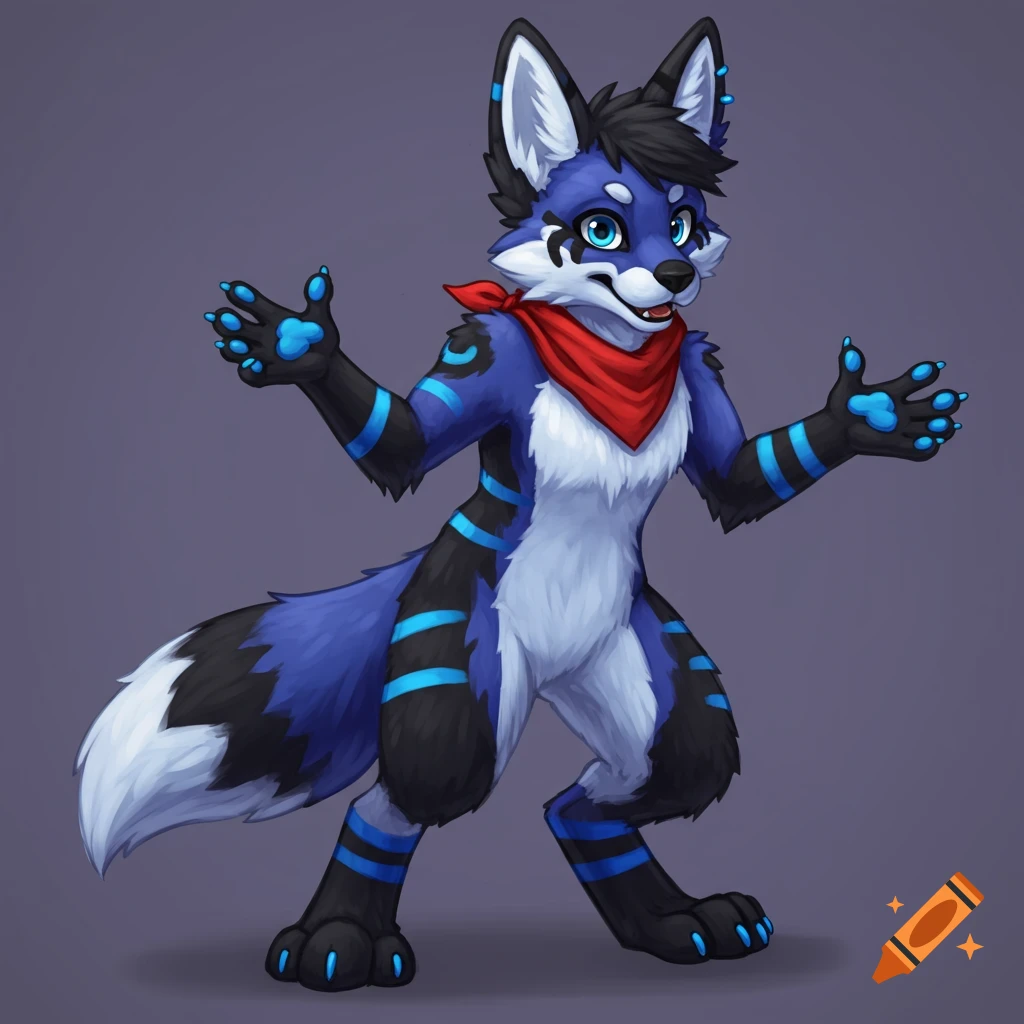 Fox fursuit with blue body, black paws, and red bandana