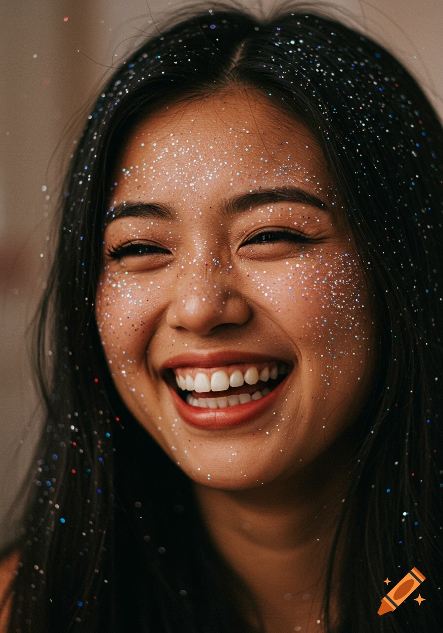 Close up of a laughing woman with glitter