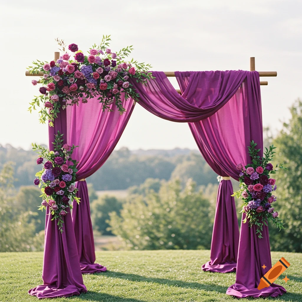 Wedding arch with purple drapes