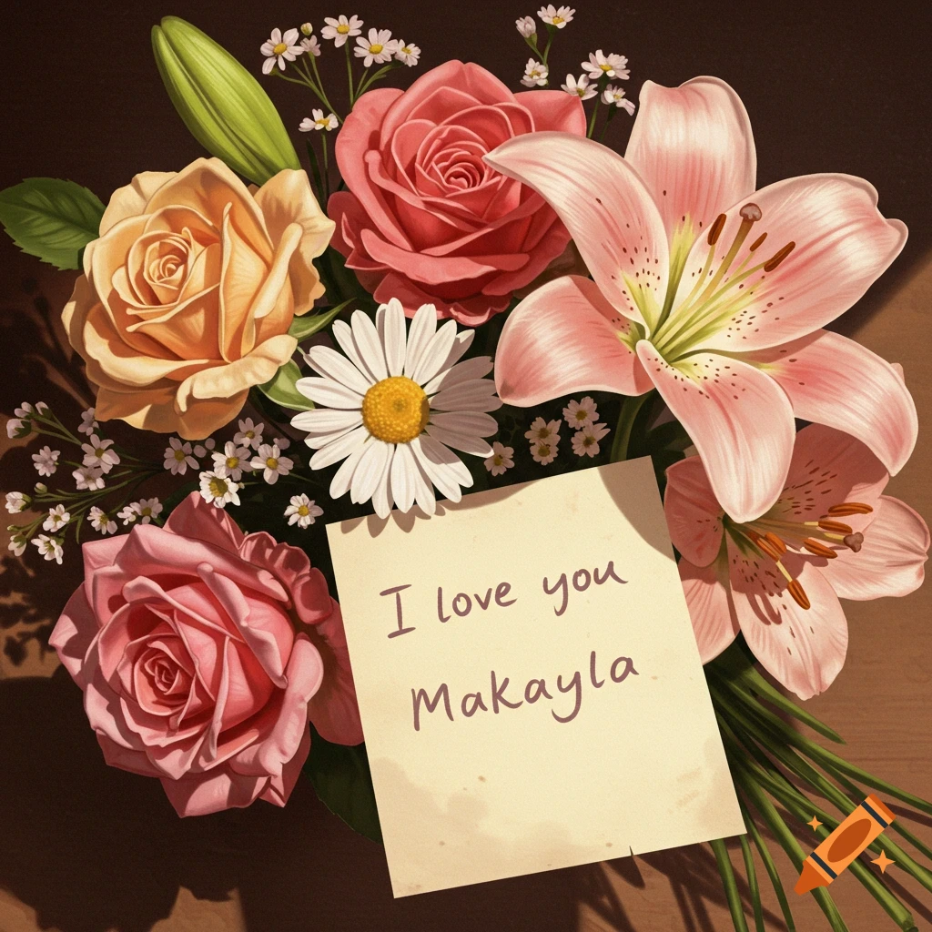 Bouquet of flowers with I love you note