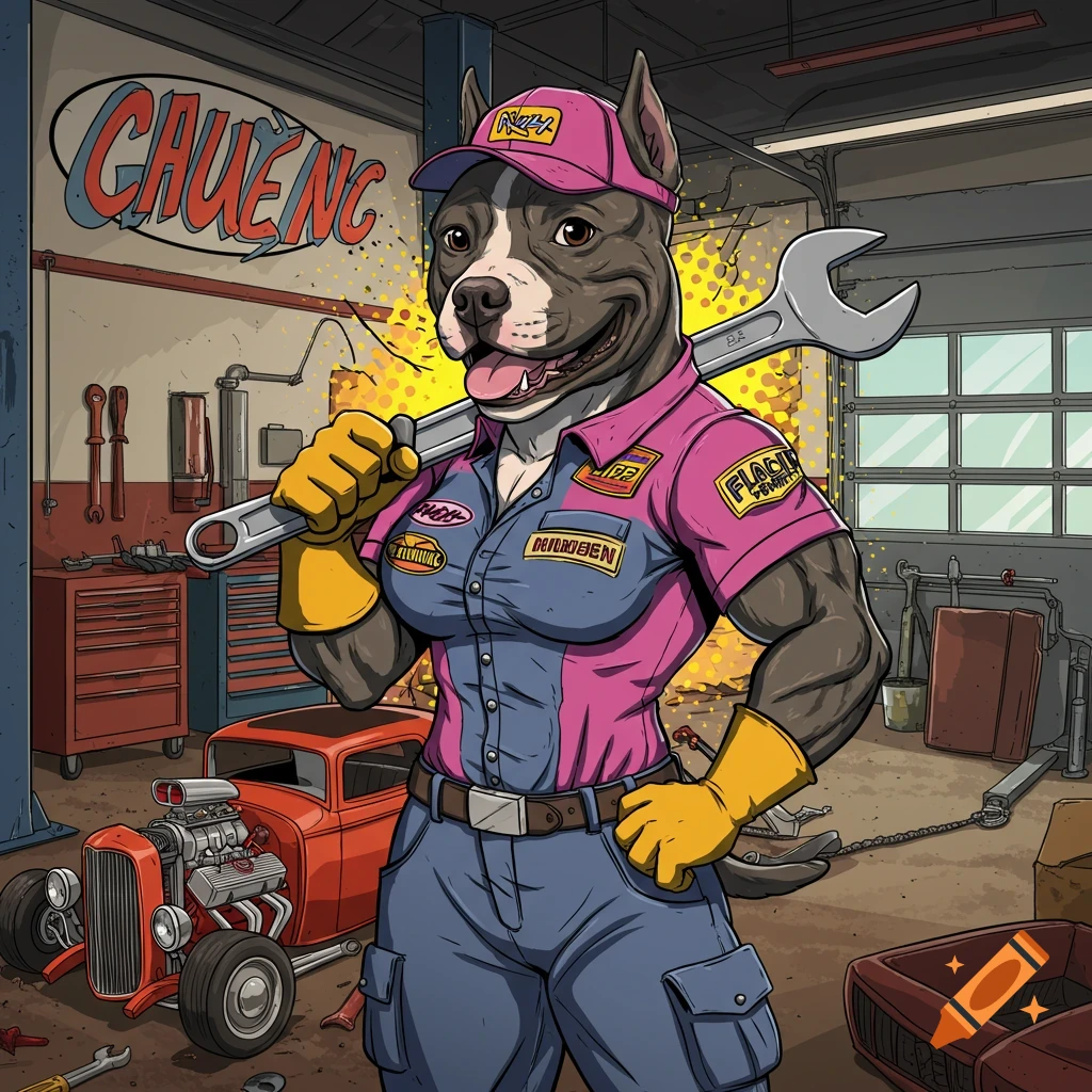 American Bully dog dressed as a mechanic