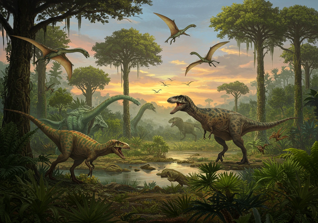 Lush vegetation with dinosaurs, including a T-rex, under a colorful sky.