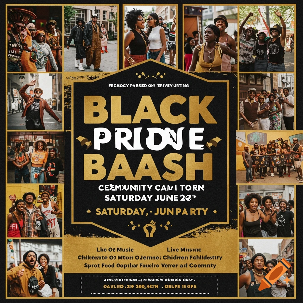 Flyer for Black Pride Community Bash block party on June 20th, Saturday event poster design graphic with event title and date. vector graphic style poster, community event advertisement, bold letters with party design for june celebration of black pride event flyer design poster community bash saturday june 20th vector graphics illustration icon logo party celebration festival summer pride event pride month block party, june 20th block party festival event, black pride month event.