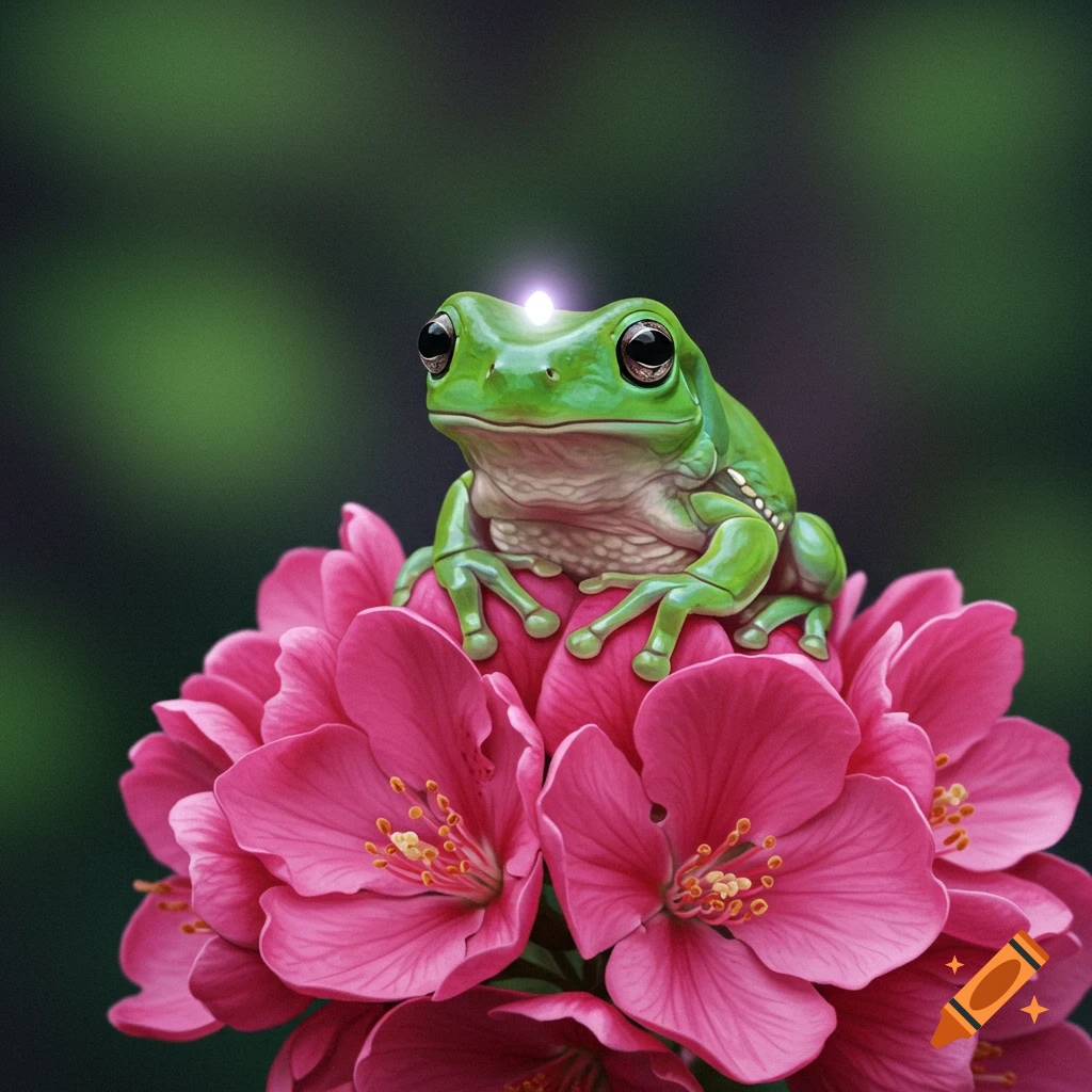 Green tree frog with third eye in pink flower bush