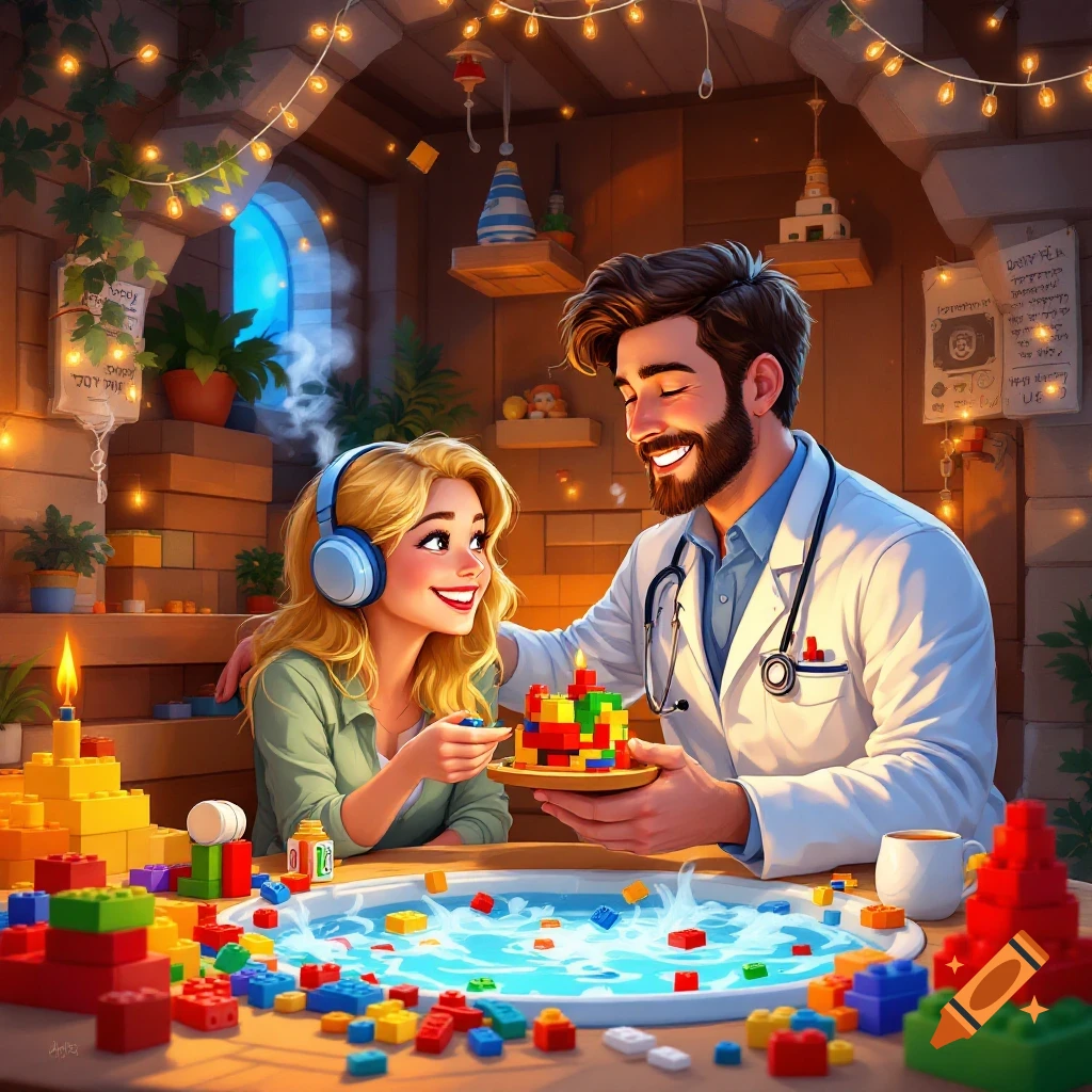Birthday image for Alex Straus featuring Gemara study, Legos, and a subtle medical theme with a sauna and hot tub