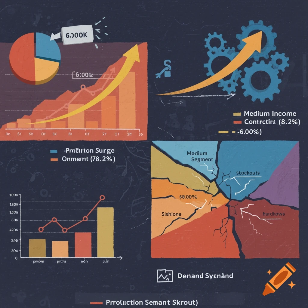 Stockouts, unmet demand, production surge, segment contraction, demand vs supply text display or infographic element