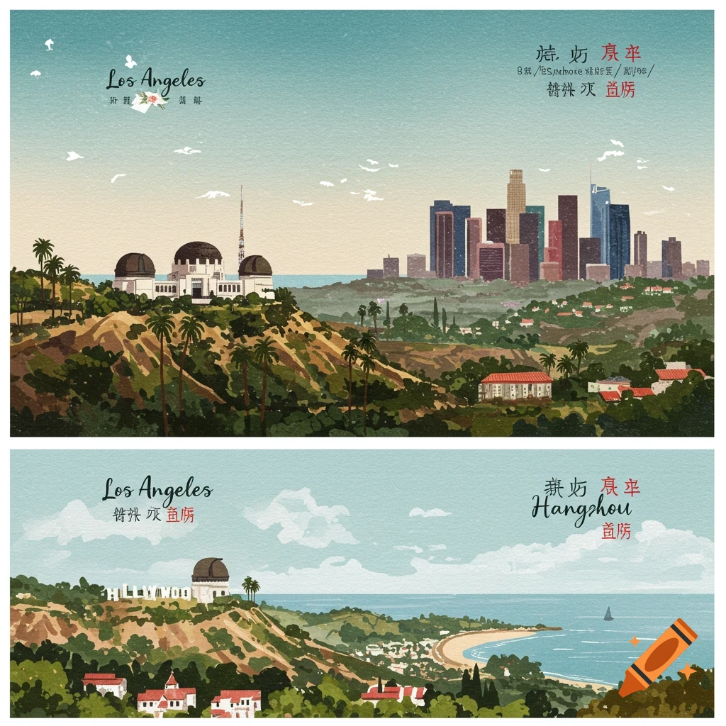 Watercolor drawings of Los Angeles and Hangzhou with wedding elements