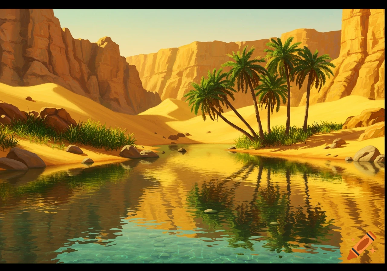 Desert oasis with reflecting rivers