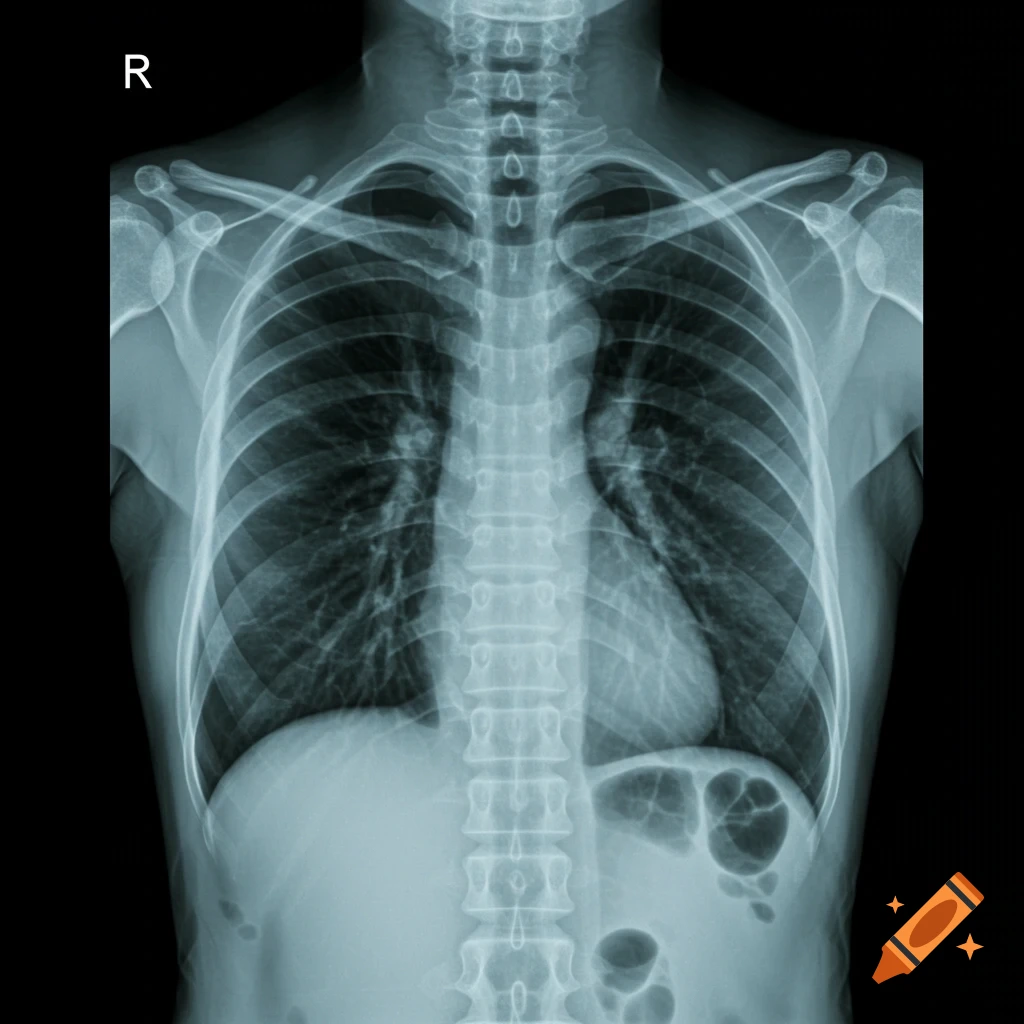 PA view chest x-ray of a 40-year-old human