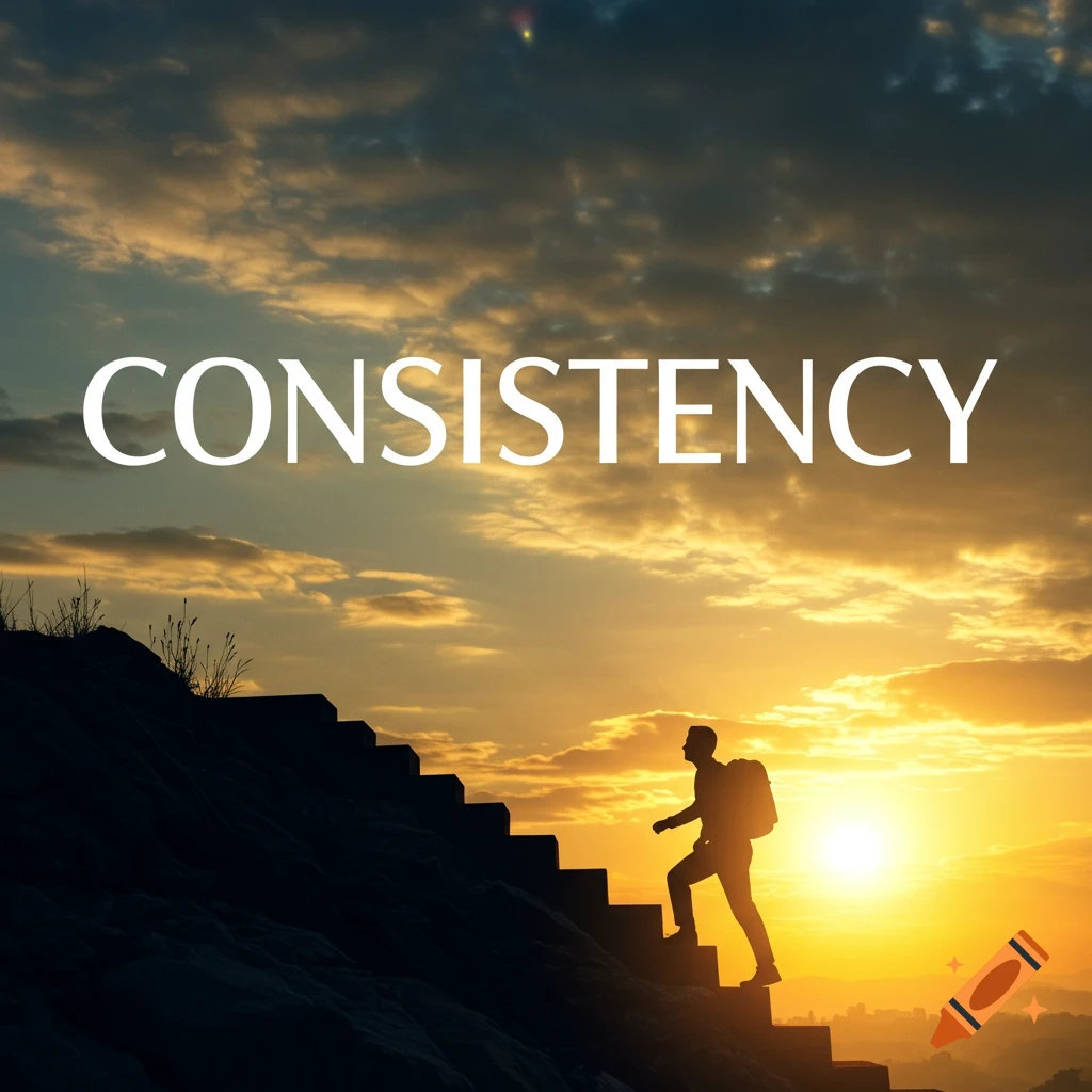 Motivational image: Consistency, man climbing stairs to golden sunrise