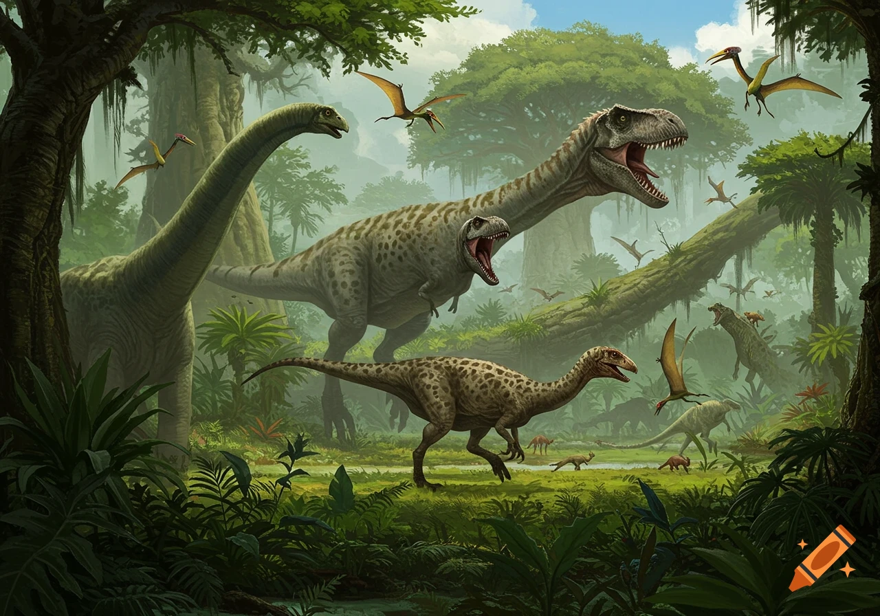 Dinosaurs in a lush prehistoric landscape with a T-Rex in the background
