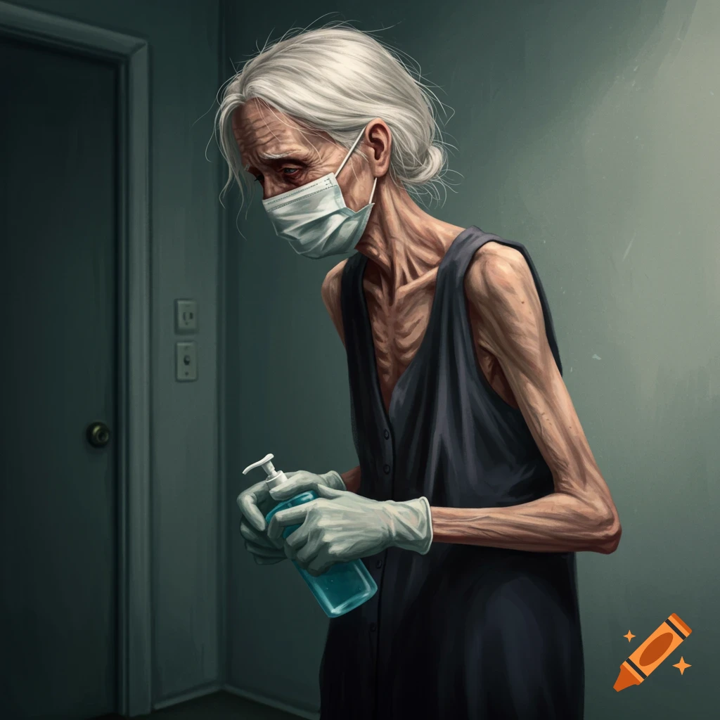 frail woman exhibiting germaphobia
