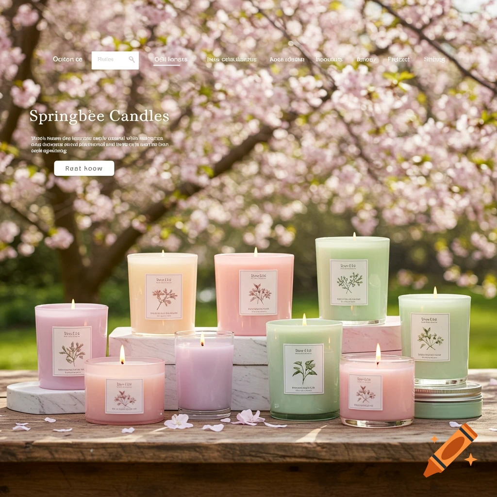 Photorealistic candle business homepage, spring theme