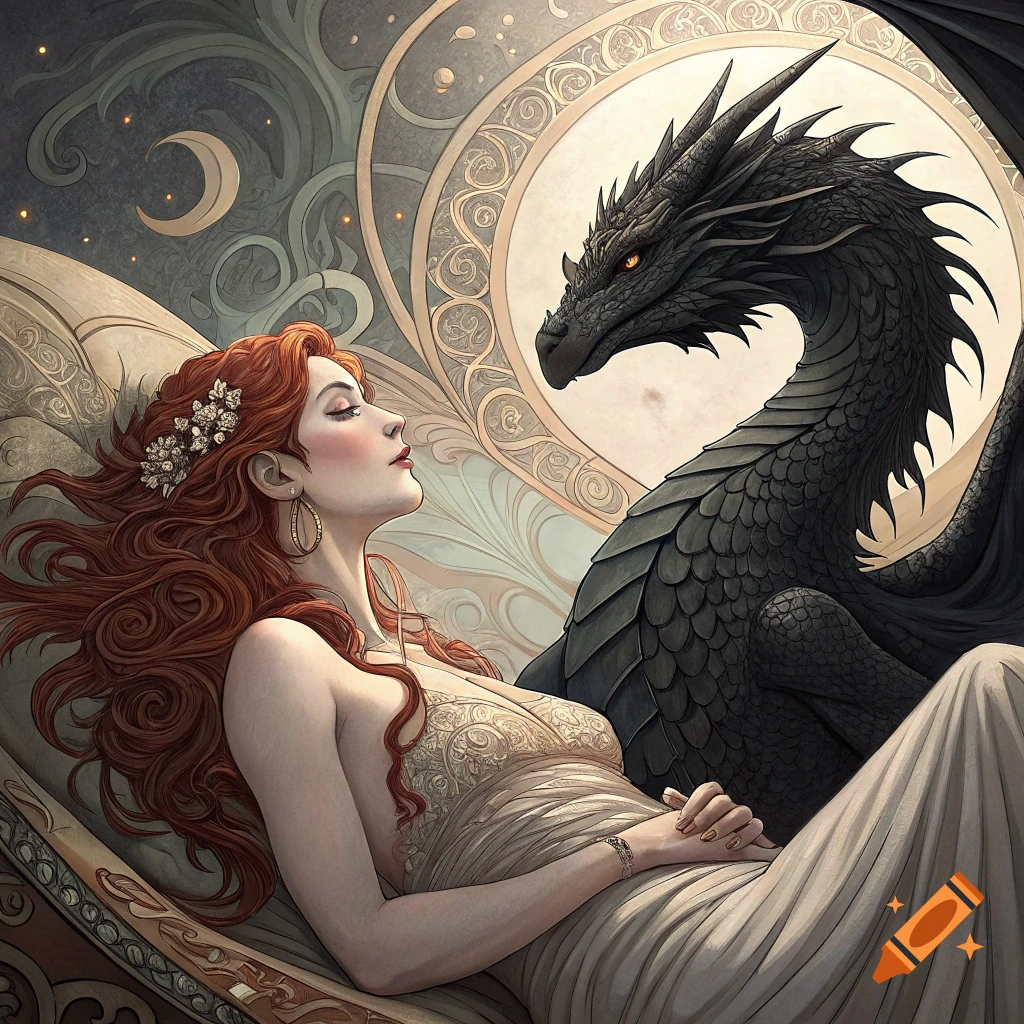 Detailed Sensual art nouveau painting of a beautiful volumptous noblewoman with red hair, lounging naked alongside an admiring majestic black dragon