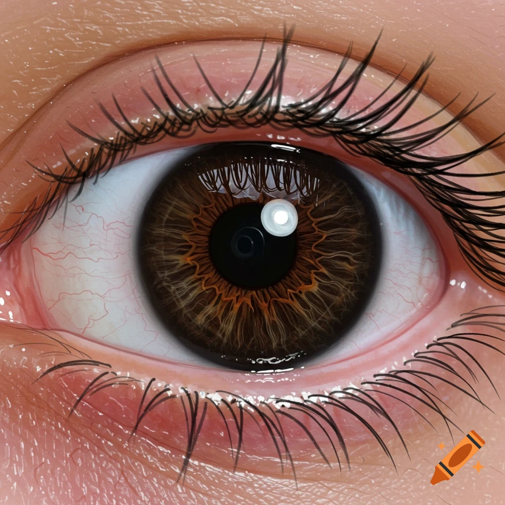 Close-up photorealistic rendering of a dark brown human eye with dilated pupils