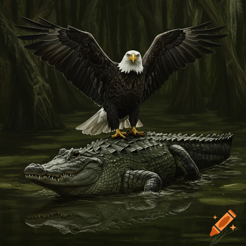 Bald eagle riding an alligator