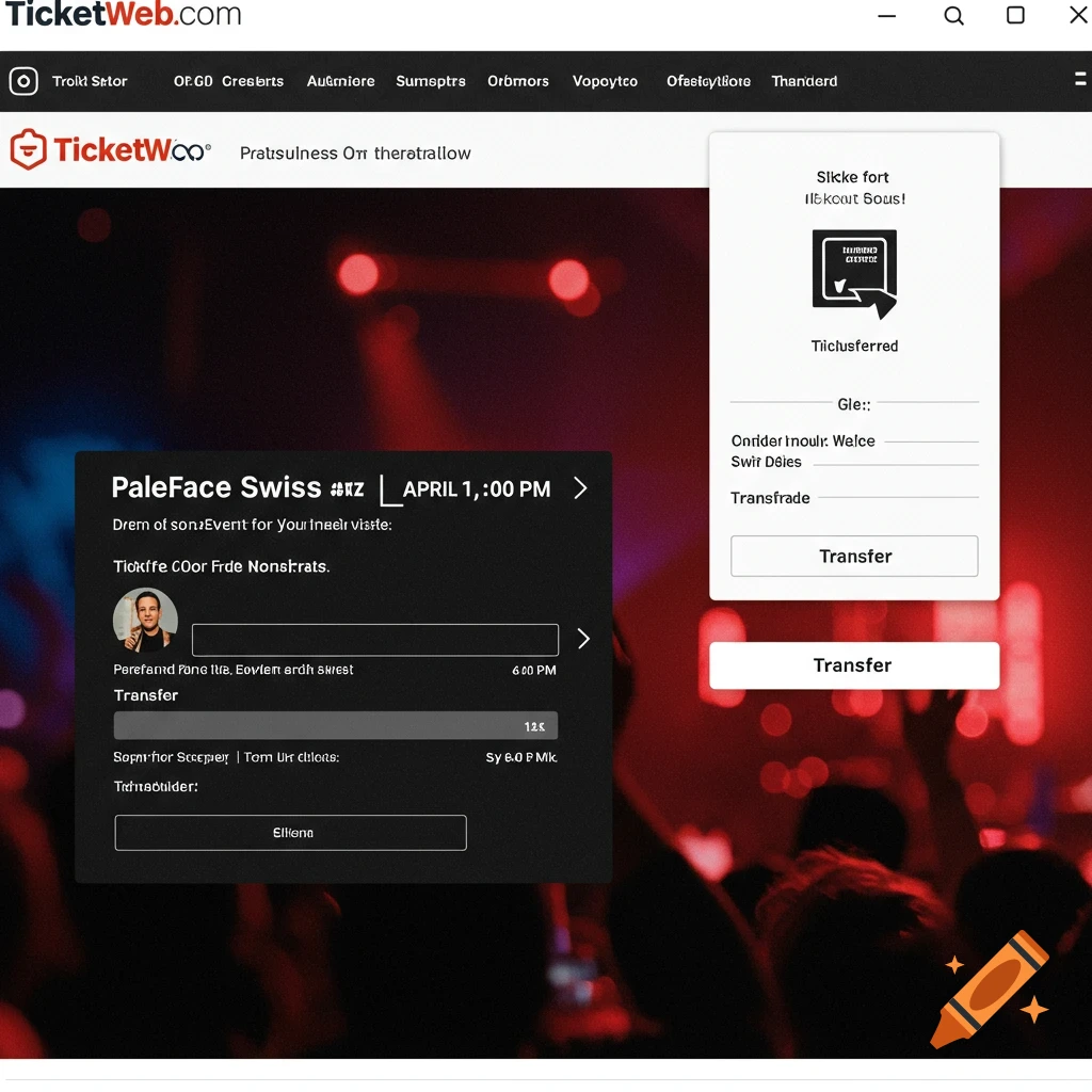 Ticketweb.com transfer page for Paleface Swiss event on April 1, 2025
