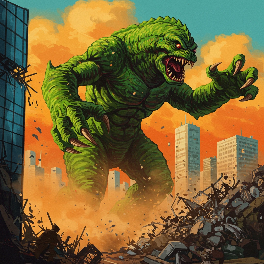Green monster destroying buildings