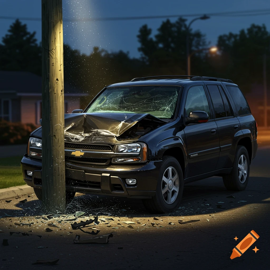 Black 2008 Chevy Trailblazer crashed into a pole