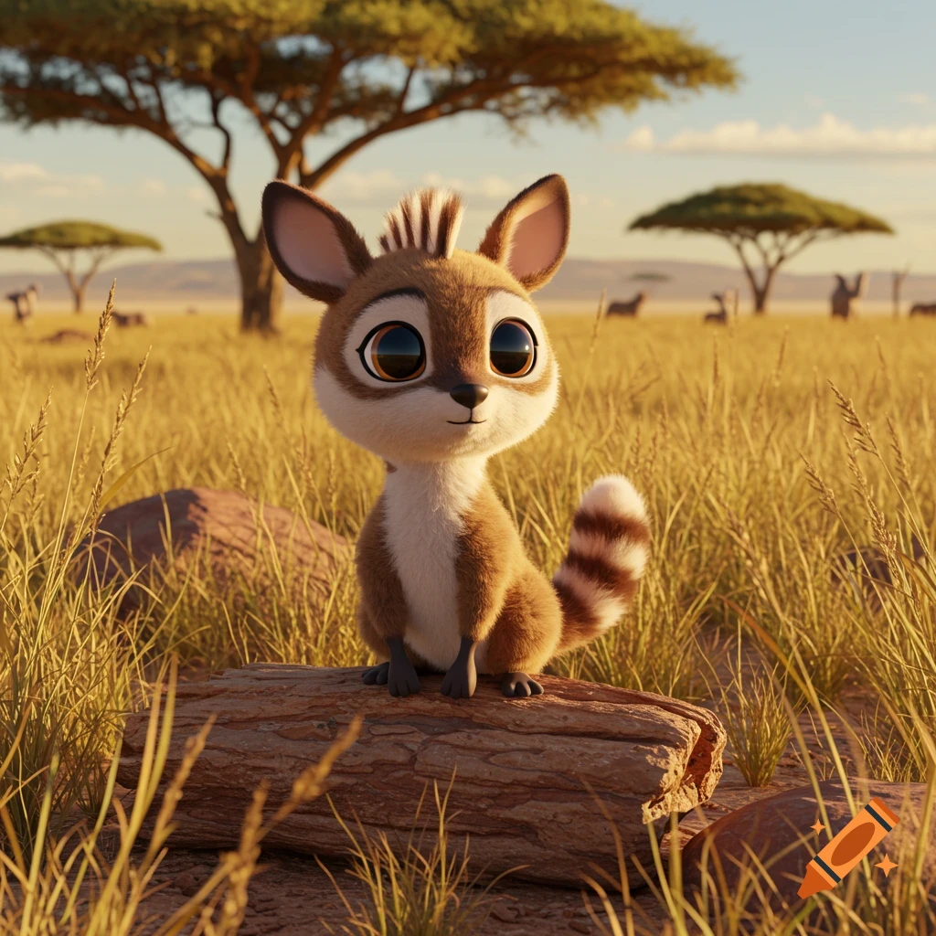 Xerus in a savannah, 3D Pixar style