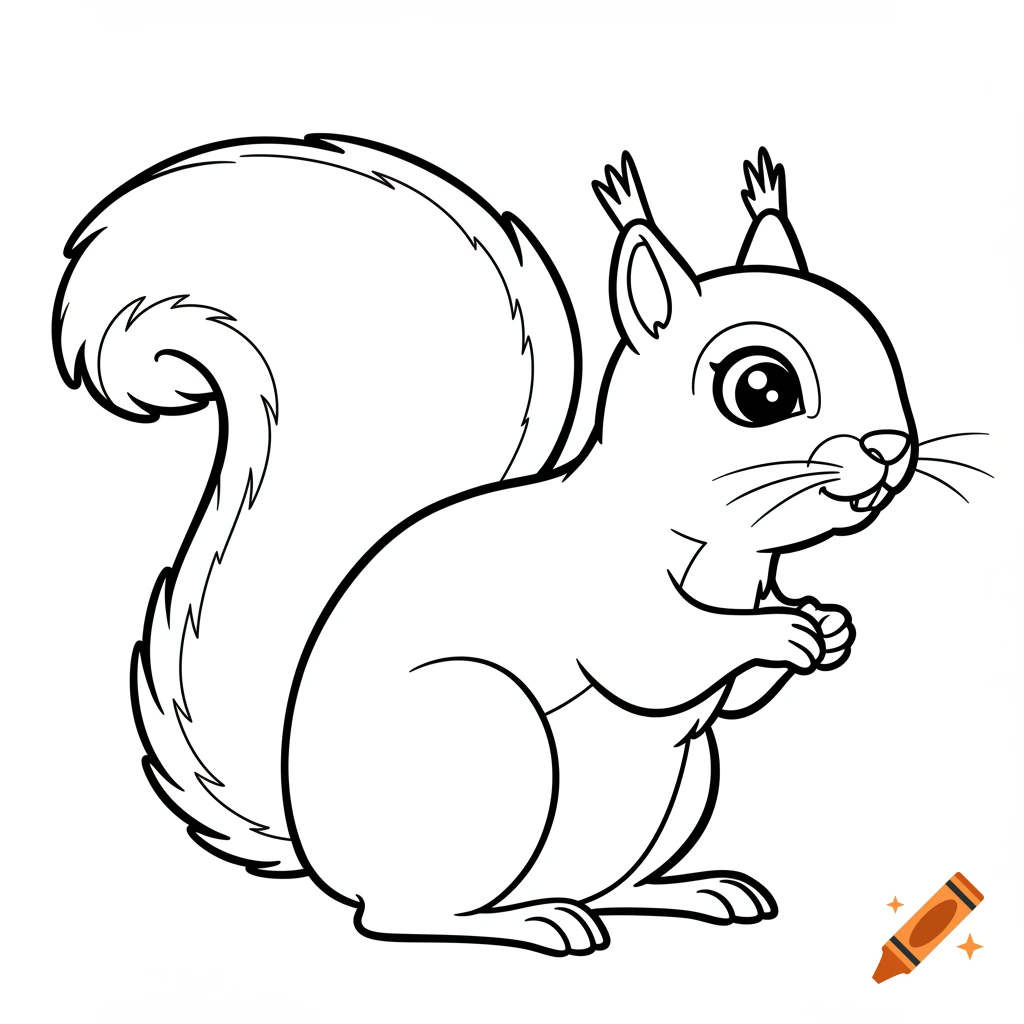 Black and white coloring page of an intrigued squirrel