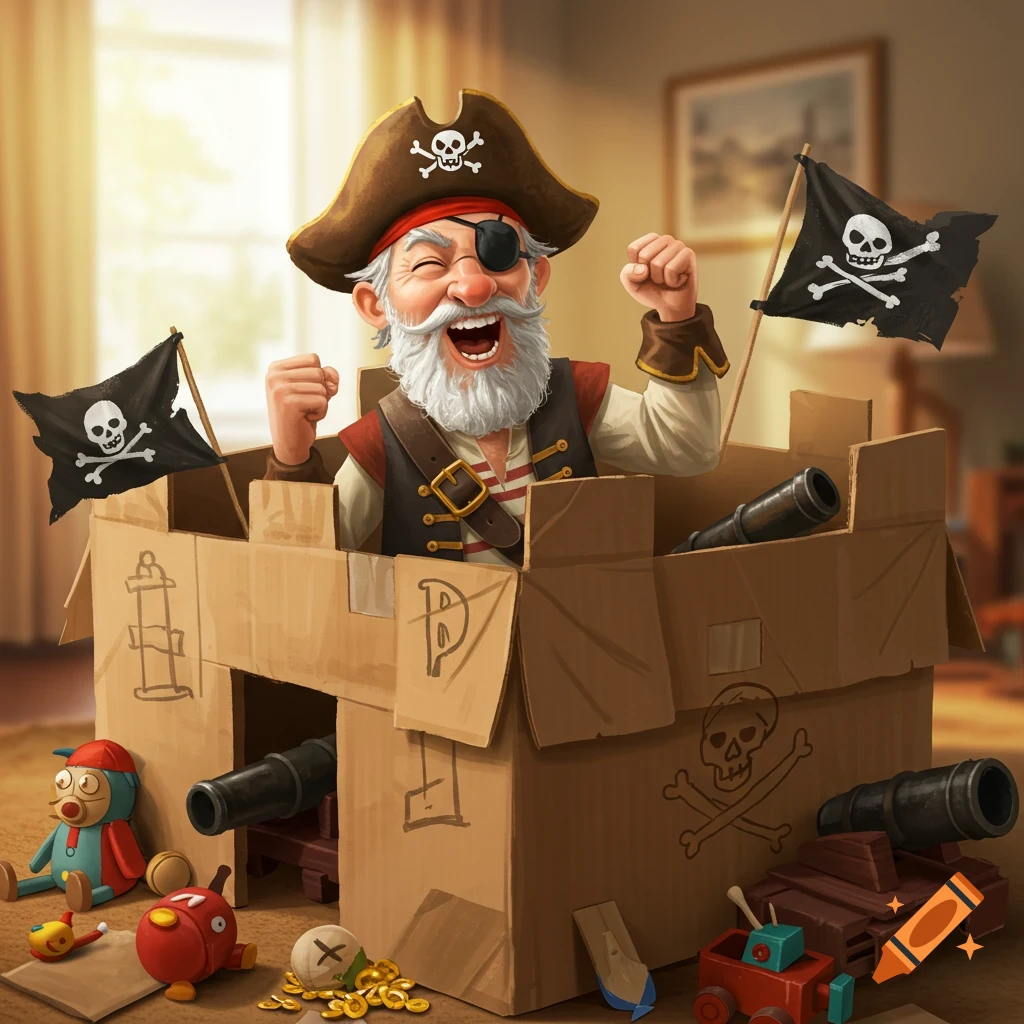 Old man in a cardboard pirate fort