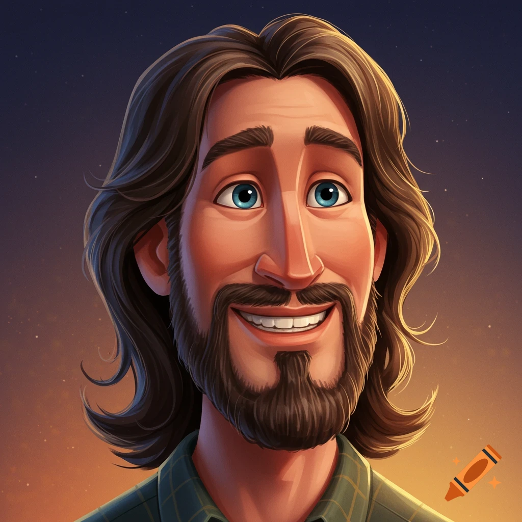 Man with long wavy ponytail and stubble, Pixar style