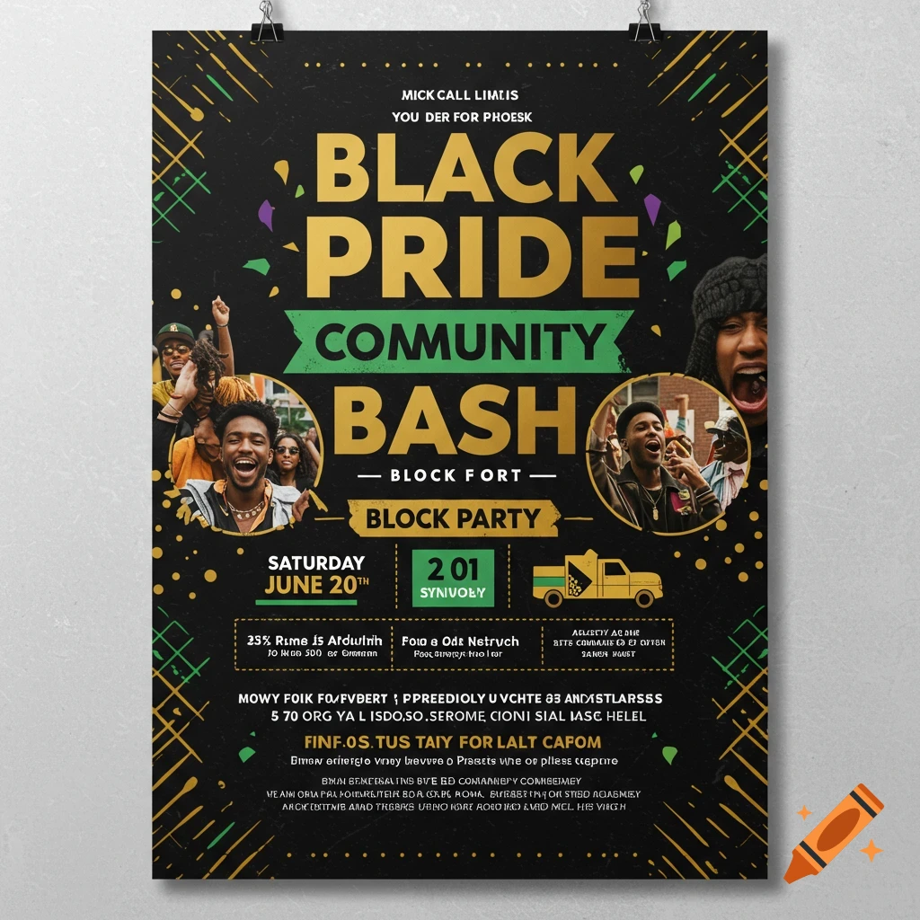 Flyer for Black Pride Community Bash block party on June 20th, Saturday event poster design graphic with event title and date. vector graphic style poster, community event advertisement, bold letters with party design for june celebration of black pride event flyer design poster community bash saturday june 20th vector graphics illustration icon logo party celebration festival summer pride event pride month block party, june 20th block party festival event, black pride month event.