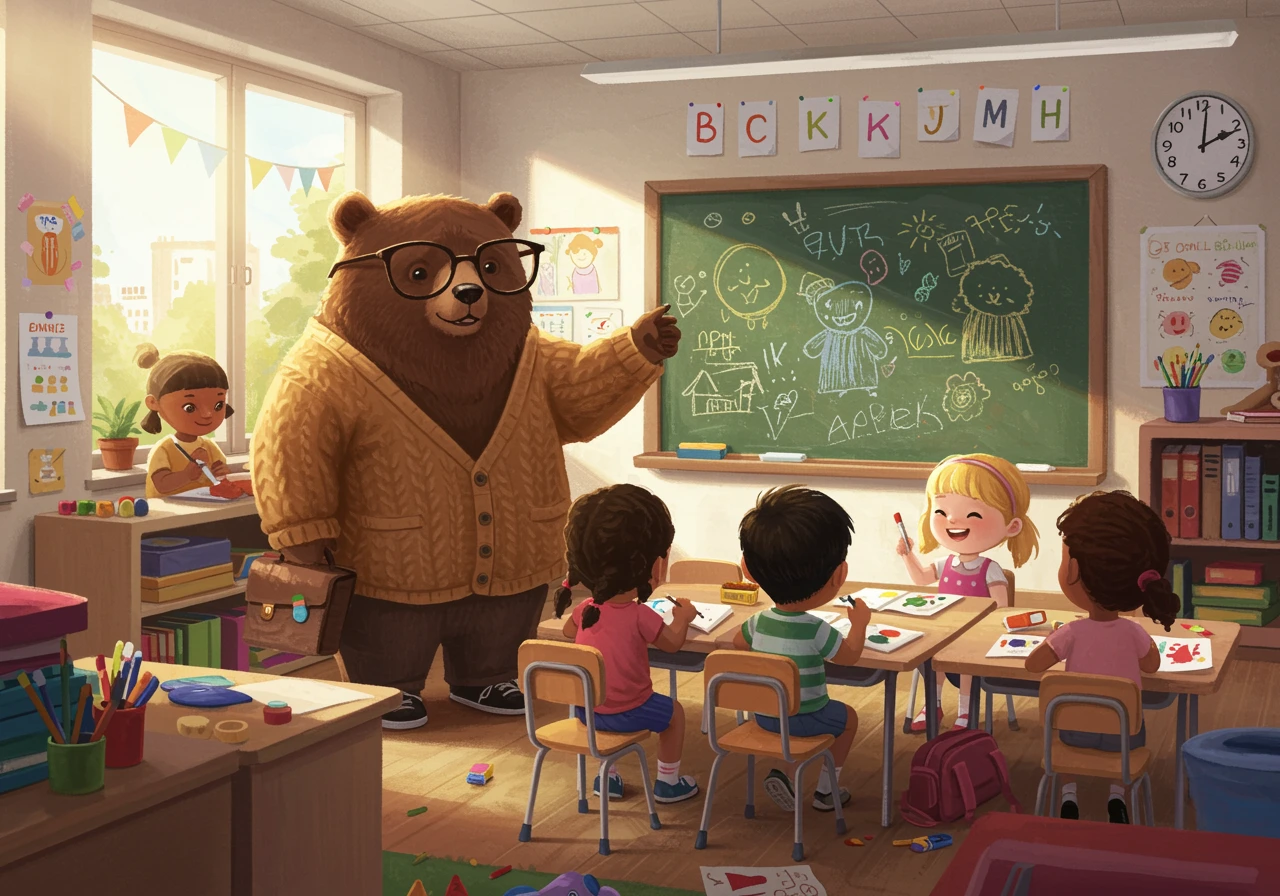 Classroom with children and a bear teacher